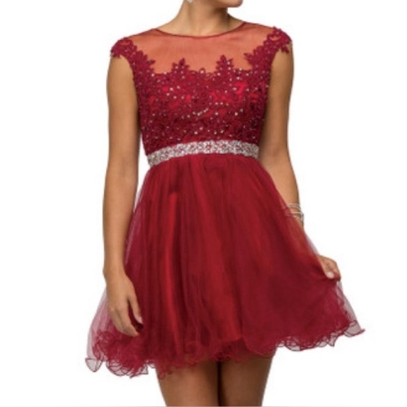 Dancing Queen Dresses & Skirts - Dancing Queen baby doll red scarlet prom dress mini cap sleeve lace appliqué XS